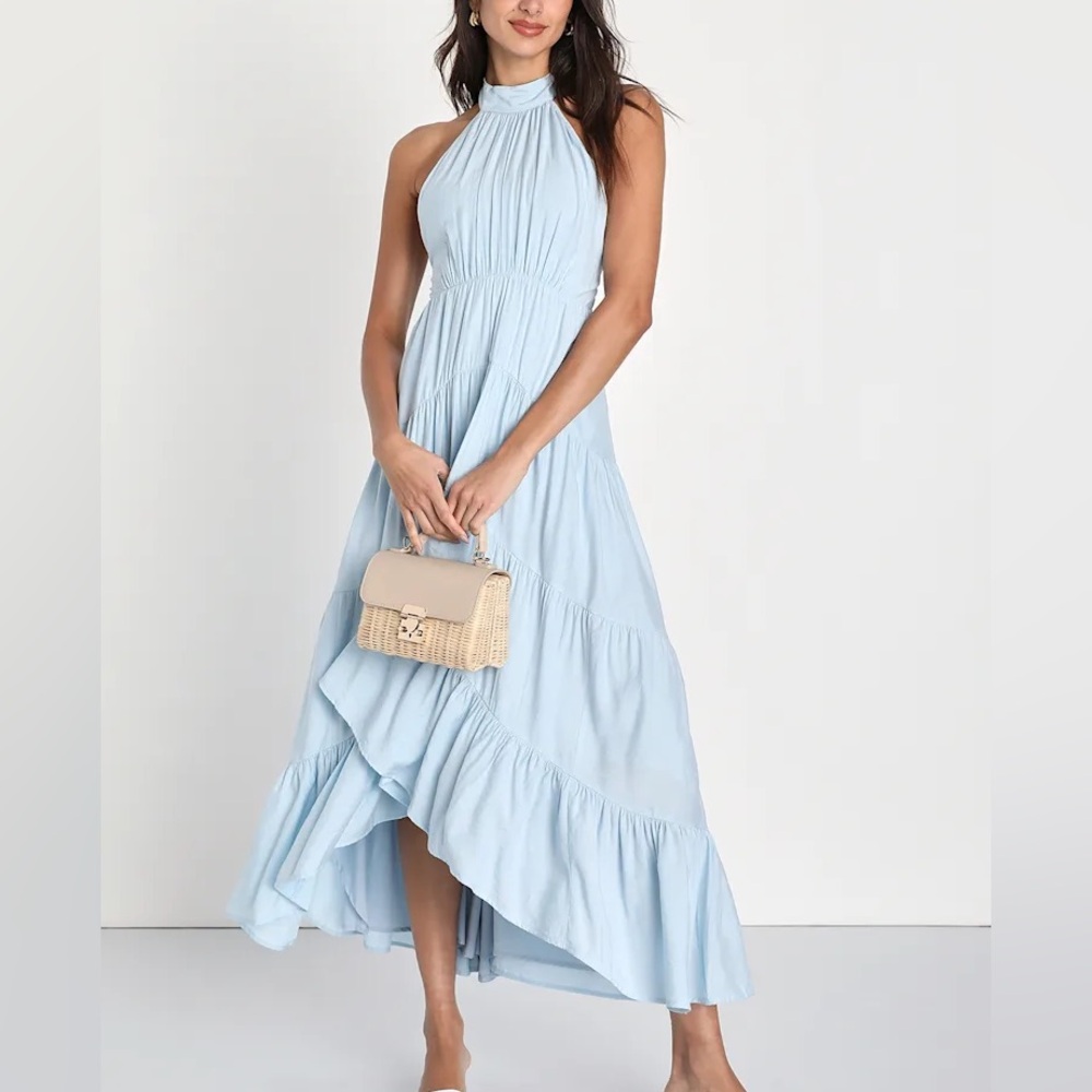 Breezy Radiance Light Blue Tiered Halter High-Low Maxi Dress - Picture 1 of 4